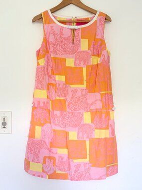 Lilly Pulitzer Jubilee Romper Dress Pink Orange Yellow Elephant Print Size 10